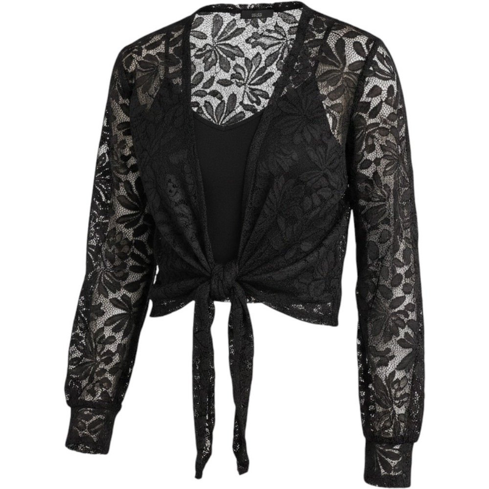 Amber Sky Sheer Lace Tie Front Crop Top Blouse Black XL Long Sleeve Smocked